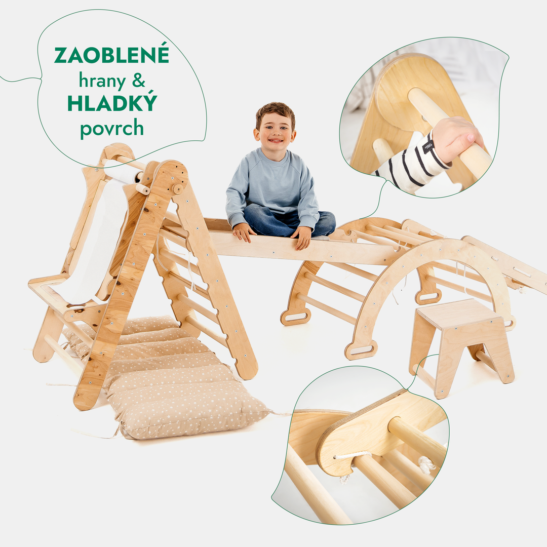 Lezecká sestava Montessori 6v1: Trojúhelník Piklerové + Oblouk/Houpačka + Skluzavka/rampa + šplhací síť + Polštář + Malířský stojan