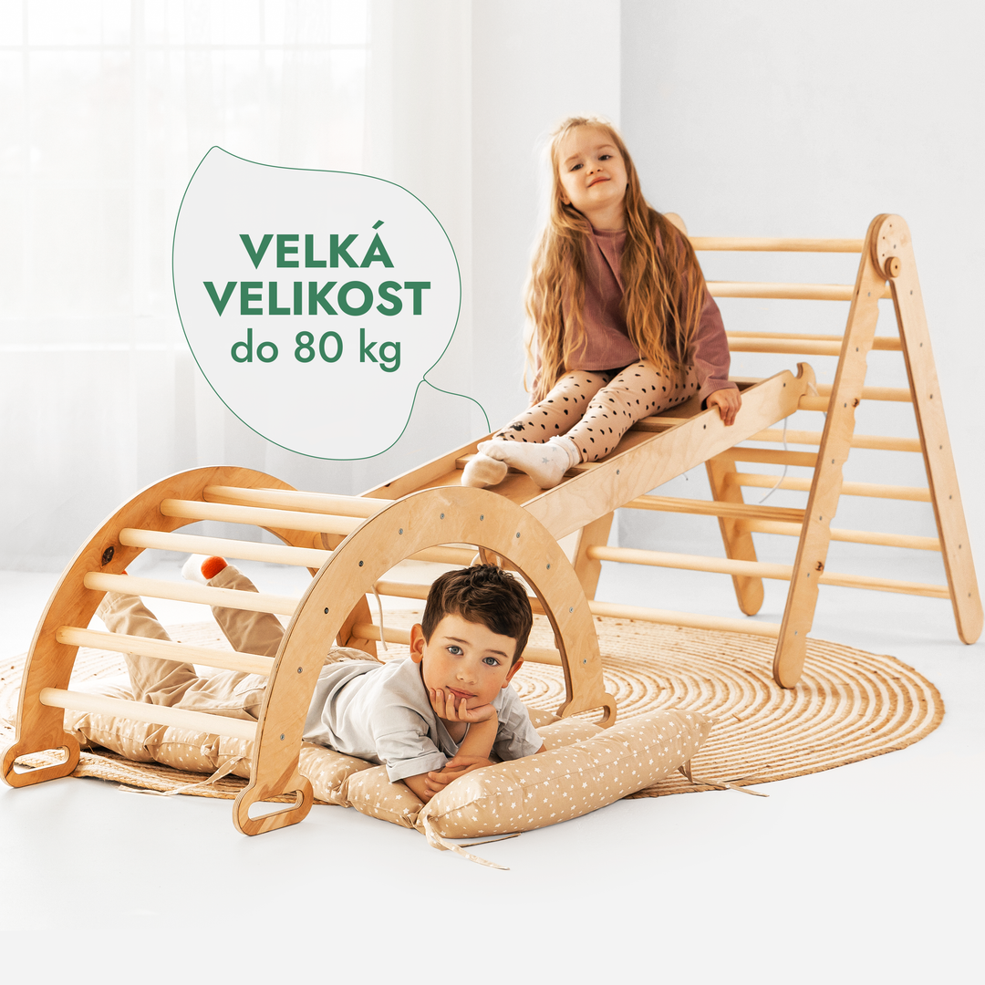 Lezecká sestava Montessori 4v1: Piklerové Trojúhelník + lezecký oblouk + Skluzavka a polštář