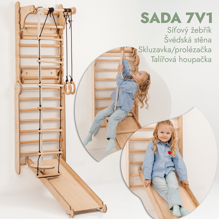 Dřevěná žebřina pro dítě: Piklerové Trojúhelník + Posilovací Sada + Skluzavka + Malířský stojan