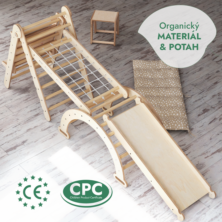 Lezecká sestava Montessori 6v1: Trojúhelník Piklerové + Oblouk/Houpačka + Skluzavka/rampa + šplhací síť + Polštář + Malířský stojan