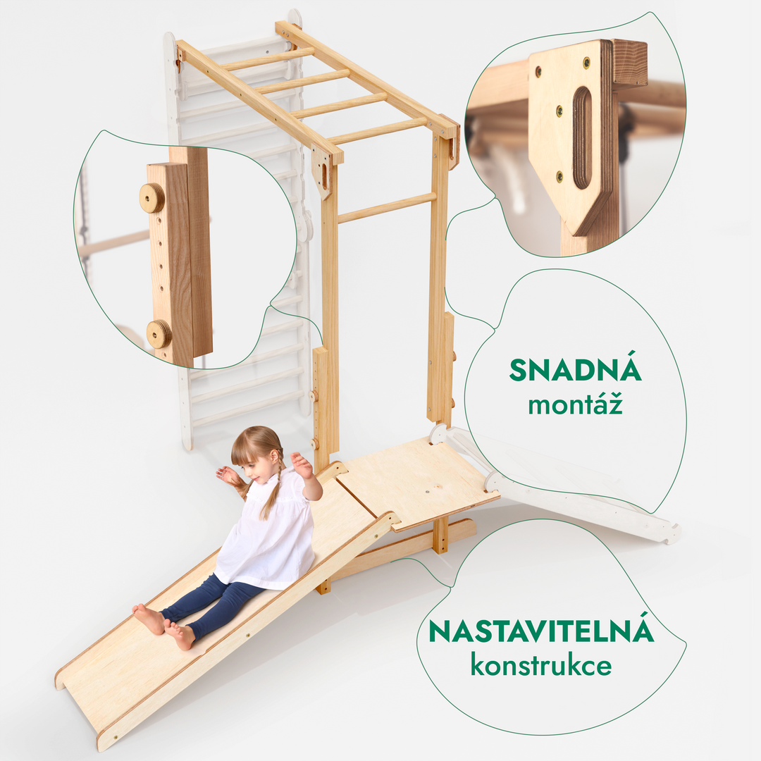 Sestava prolézaček pro děti 7v1: Švédská stěna + žebřiny + sada houpaček + skluzavka + rampa