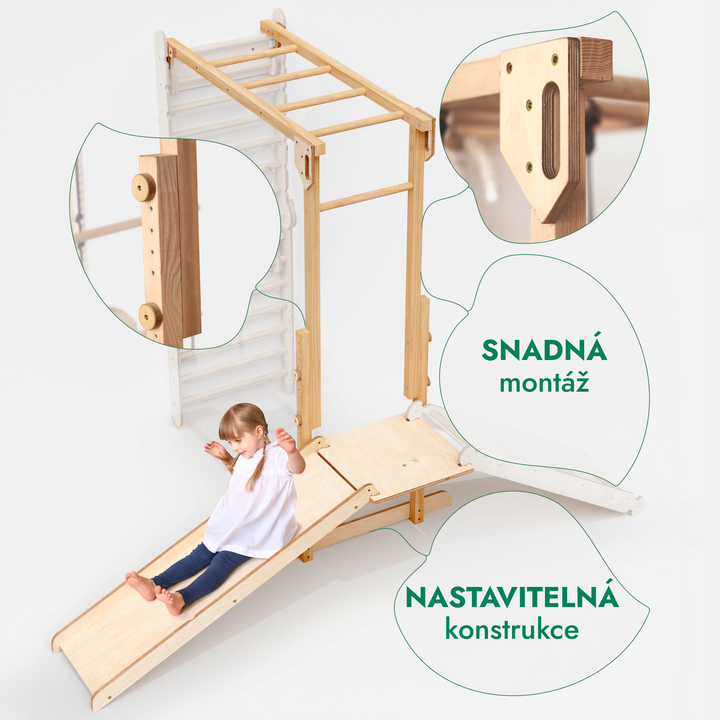Sestava prolézaček pro děti 7v1: Švédská stěna + žebřiny + sada houpaček + skluzavka + rampa