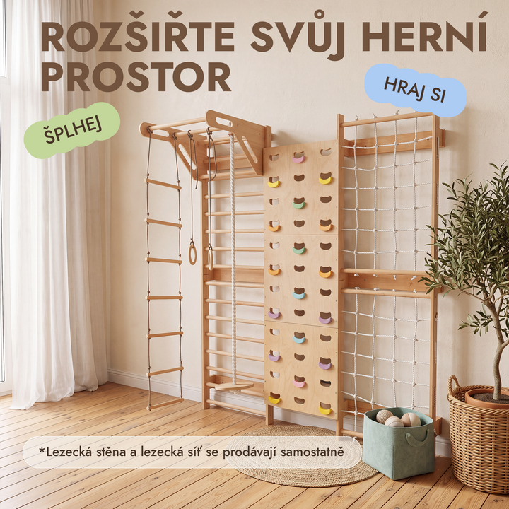 Švédská stěna pro děti 5v1 s hrazdou a závěsnými doplňky 3v1