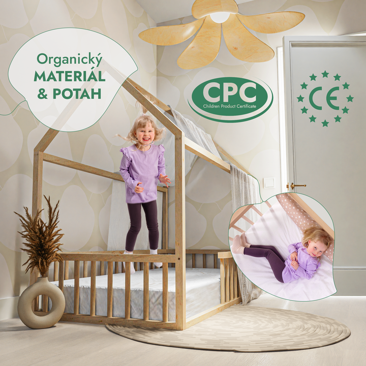 Montessori domečková postel pro děti s ohrádkou