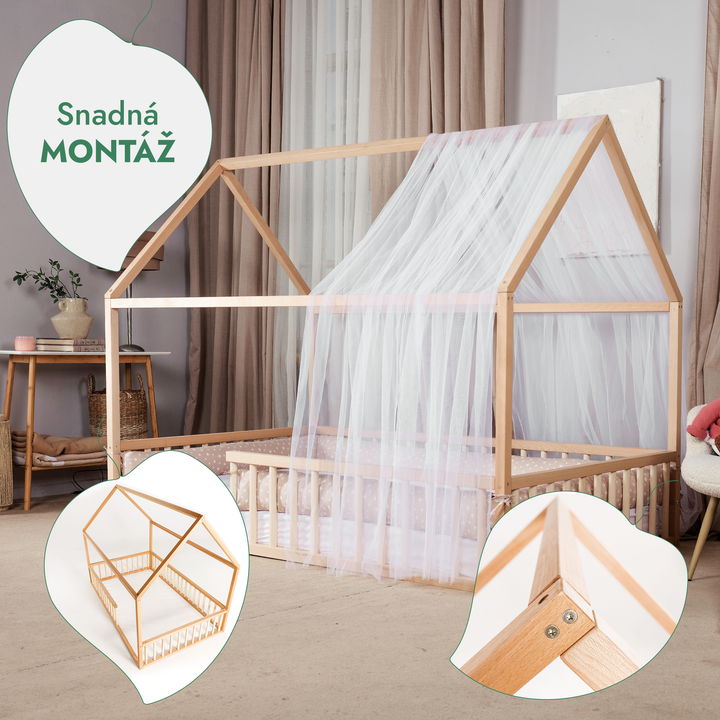 Montessori domečková postel pro děti s ohrádkou