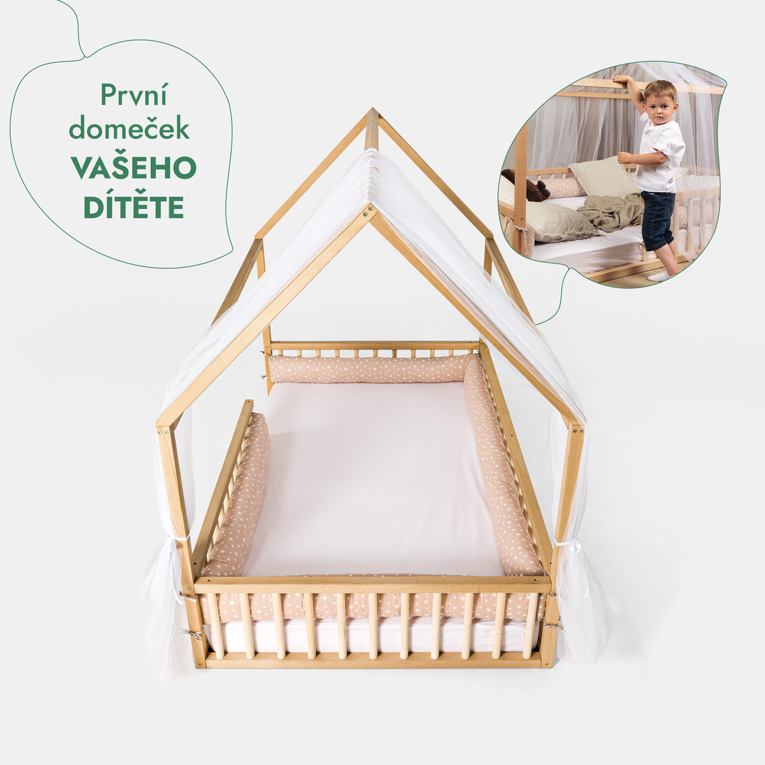 Montessori domečková postel pro děti s ohrádkou