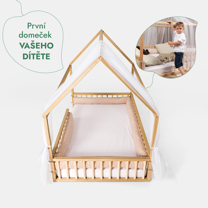 Montessori domečková postel pro děti s ohrádkou