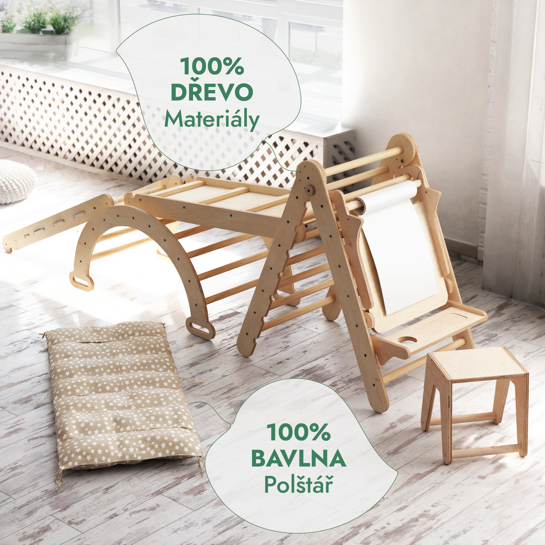 Lezecká sestava Montessori 6v1: Trojúhelník Piklerové + Oblouk/Houpačka + Skluzavka/rampa + šplhací síť + Polštář + Malířský stojan