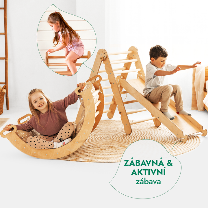 Lezecká sestava Montessori 4v1: Piklerové Trojúhelník + lezecký oblouk + Skluzavka a polštář