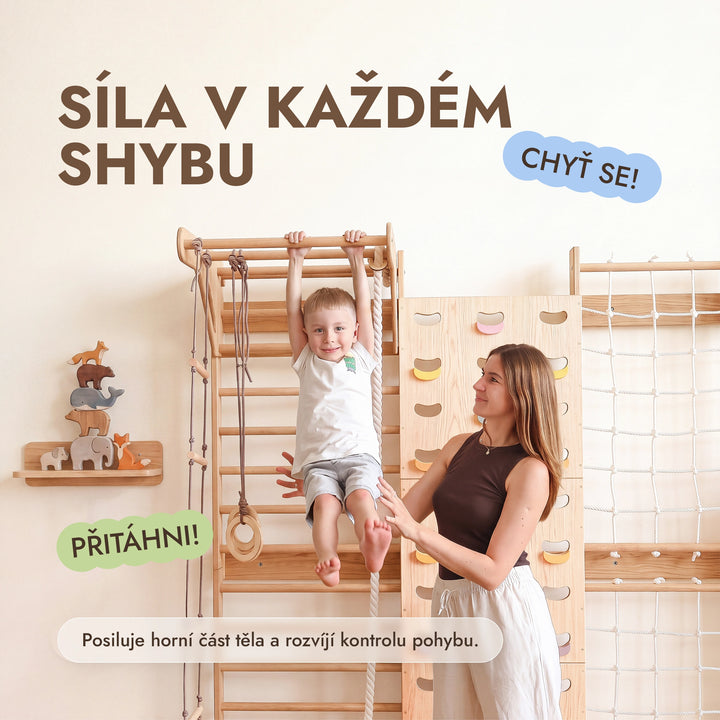 Lezecká stěna pro děti 7v1: žebřiny, síť, hrazda a houpačky 3v1