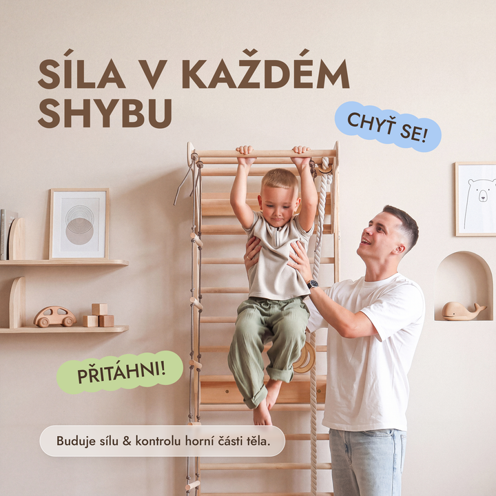 Švédská stěna pro děti 5v1 s hrazdou a závěsnými doplňky 3v1