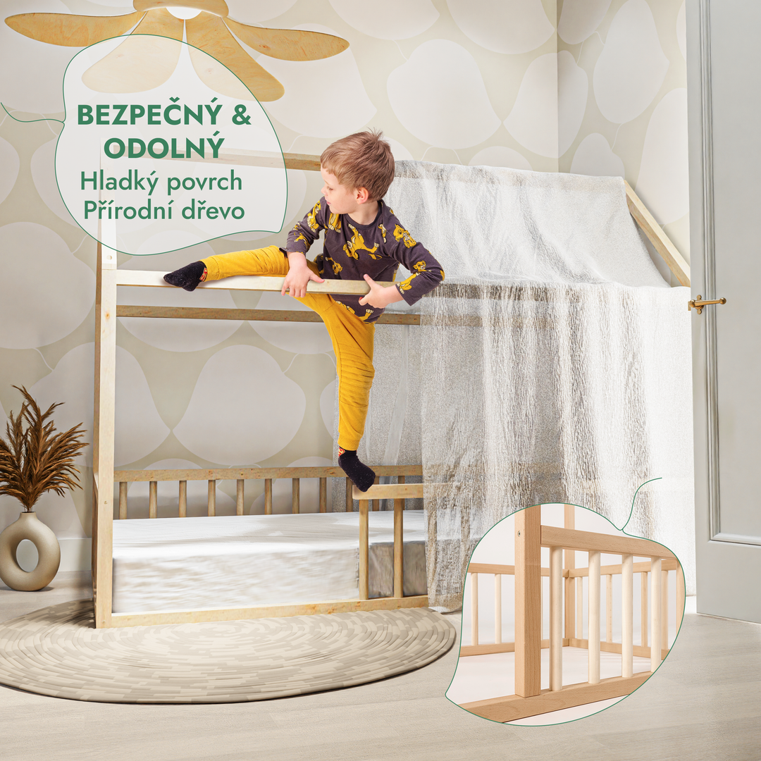 Montessori domečková postel pro děti s ohrádkou