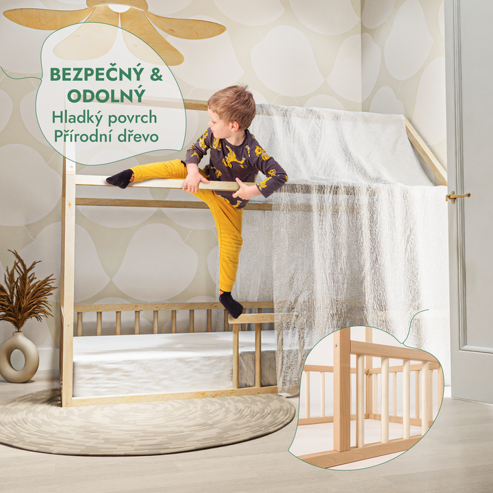 Montessori domečková postel pro děti s ohrádkou