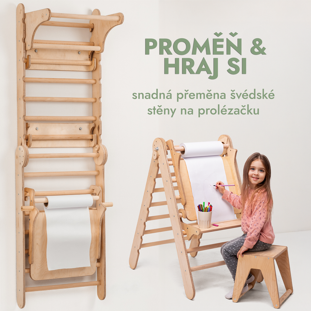 Dřevěná žebřina pro dítě: Piklerové Trojúhelník + Posilovací Sada + Skluzavka + Malířský stojan