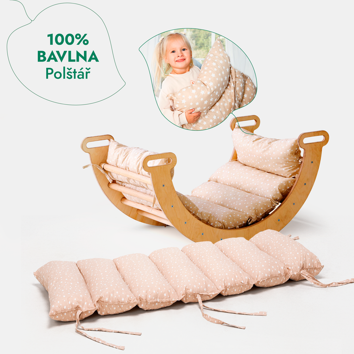 Lezecká sestava Montessori 4v1: Piklerové Trojúhelník + lezecký oblouk + Skluzavka a polštář
