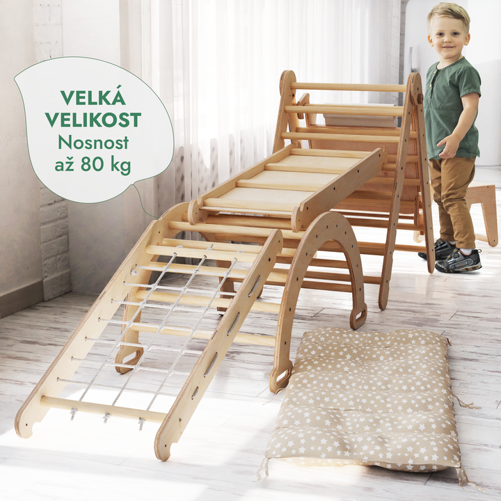 Lezecká sestava Montessori 6v1: Trojúhelník Piklerové + Oblouk/Houpačka + Skluzavka/rampa + šplhací síť + Polštář + Malířský stojan