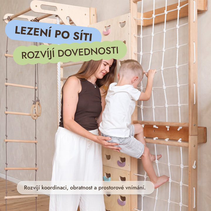 Lezecká stěna pro děti 7v1: žebřiny, síť, hrazda a houpačky 3v1