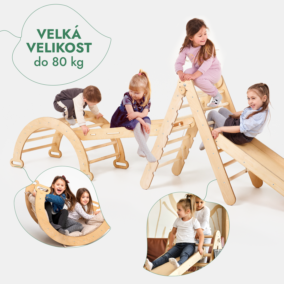 Lezecká sestava Montessori 4v1: Trojúhelník Piklerové + Lezecký oblouk + Skluzavka + Síť – Béžová