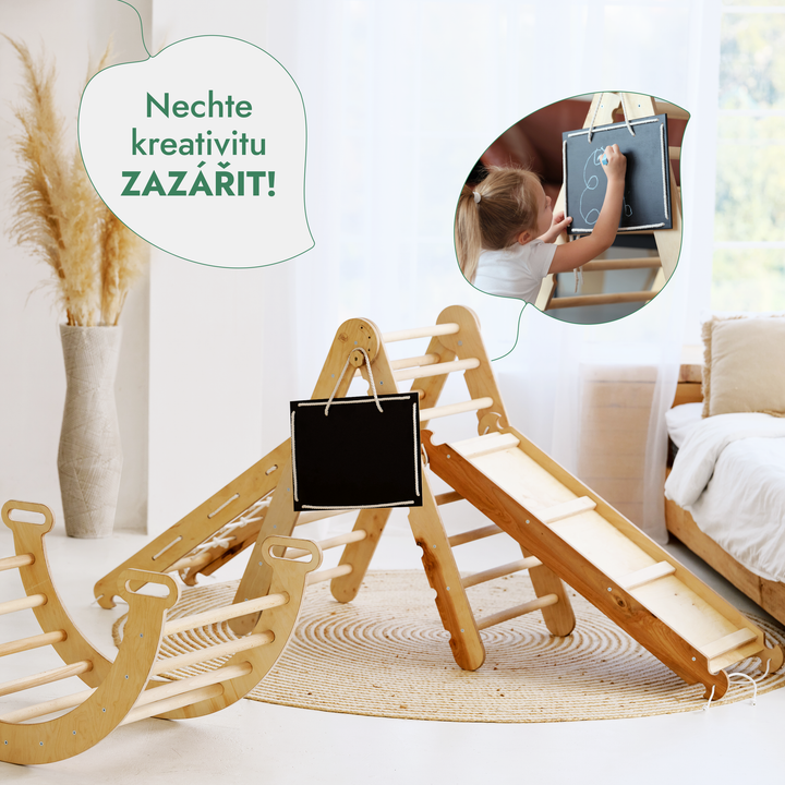 Lezecká sestava Montessori 4v1: Trojúhelník Piklerové + Lezecký oblouk + Skluzavka + Síť – Béžová