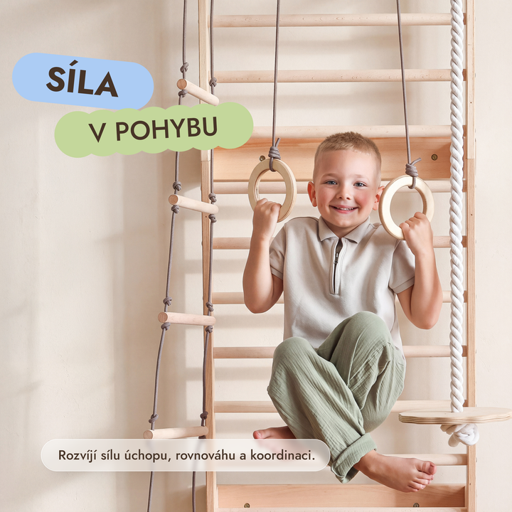 Švédská stěna pro děti 5v1 s hrazdou a závěsnými doplňky 3v1