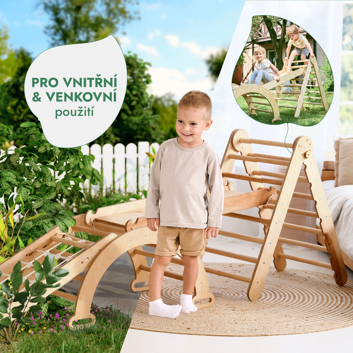 Lezecká sestava Montessori 4v1: Trojúhelník Piklerové + Lezecký oblouk + Skluzavka + Síť – Béžová