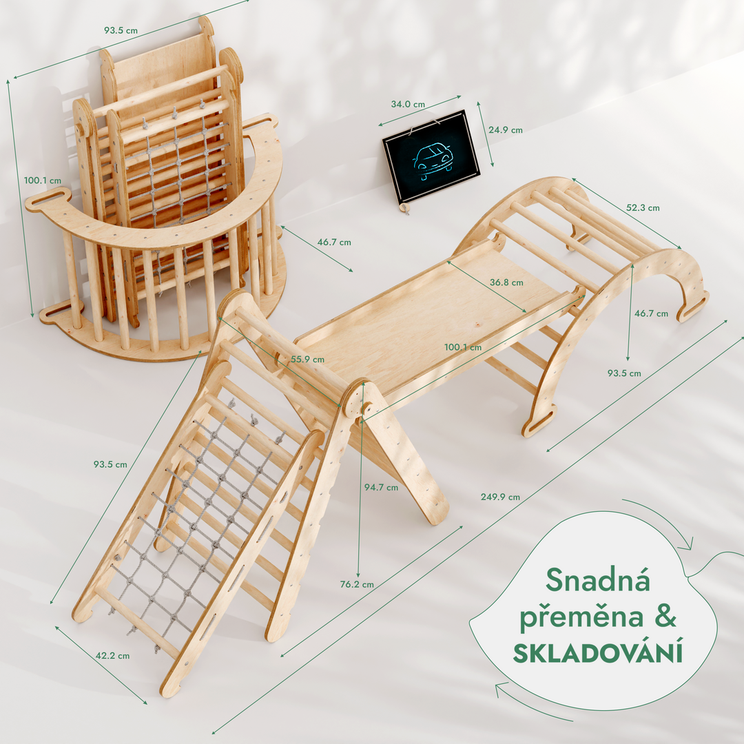 Lezecká sestava Montessori 4v1: Trojúhelník Piklerové + Lezecký oblouk + Skluzavka + Síť – Béžová