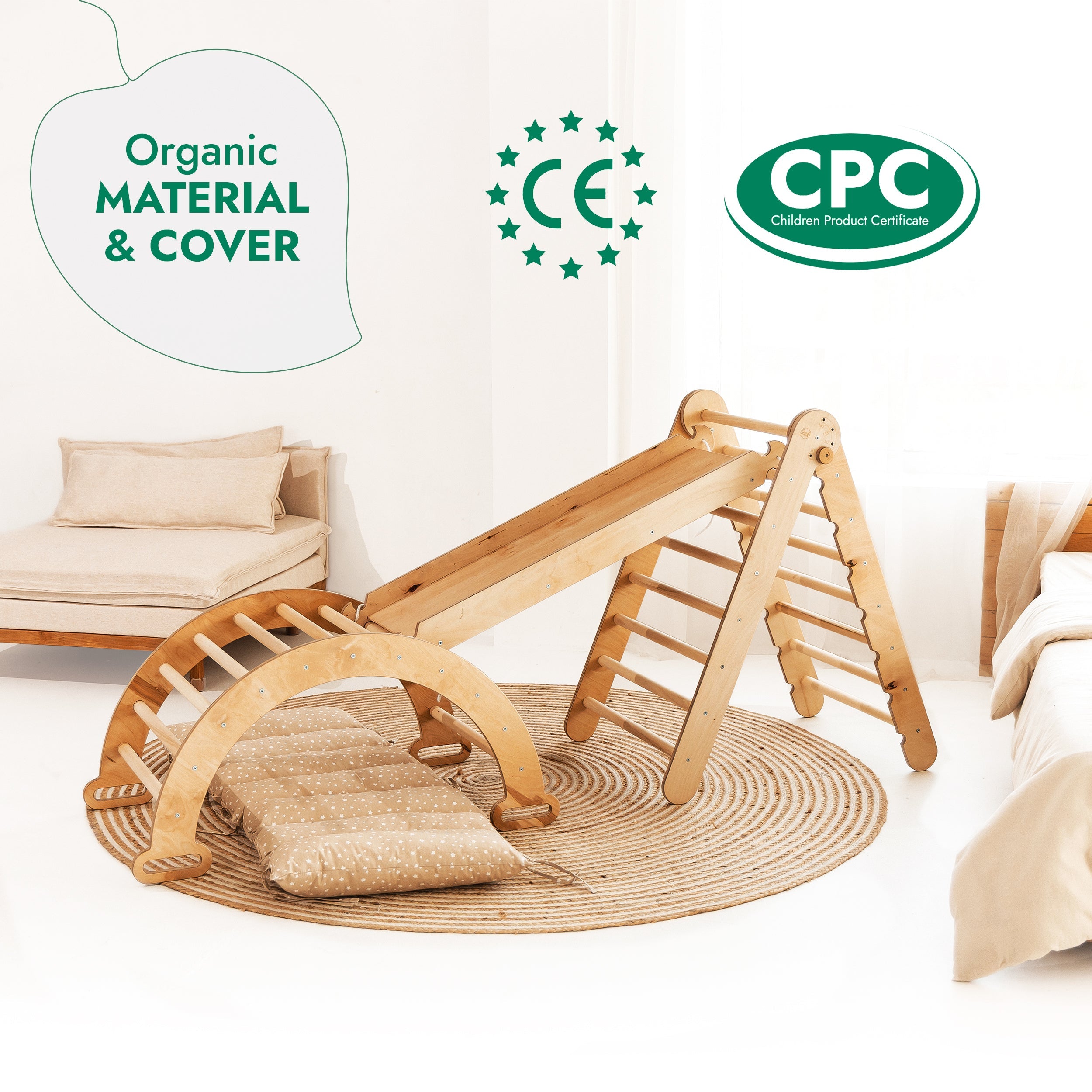 Lezecká sestava Montessori 4v1: Piklerové Trojúhelník + lezecký oblouk + Skluzavka a polštář