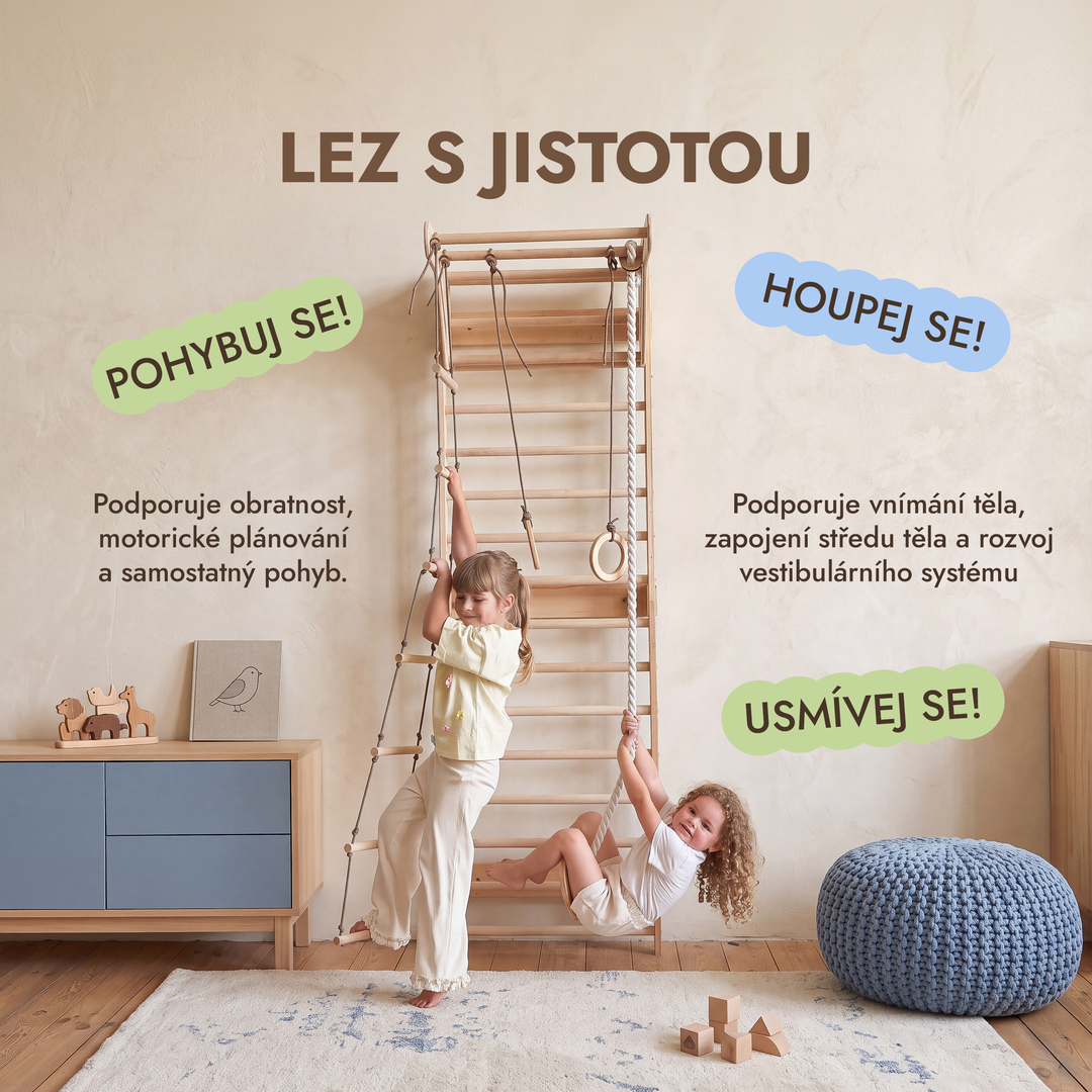Švédská stěna pro děti 5v1 s hrazdou a závěsnými doplňky 3v1