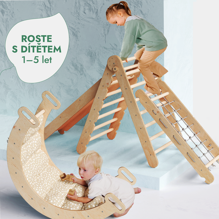 Lezecká sestava Montessori 5v1: Piklerové Trojúhelník + Lezecký oblouk / Houpačka + Skluzavka/Rampa + šplhací síť + Polštář