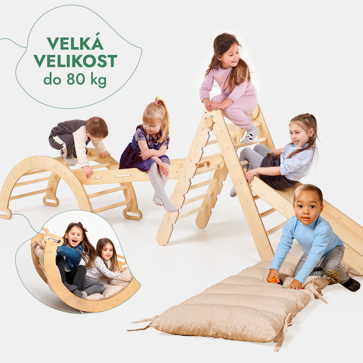 Lezecká sestava Montessori 5v1: Piklerové Trojúhelník + Lezecký oblouk / Houpačka + Skluzavka/Rampa + šplhací síť + Polštář