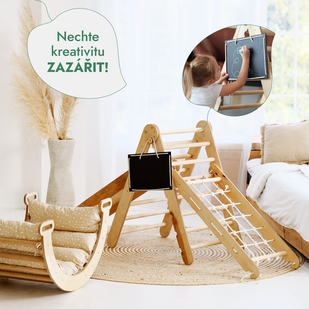 Lezecká sestava Montessori 5v1: Piklerové Trojúhelník + Lezecký oblouk / Houpačka + Skluzavka/Rampa + šplhací síť + Polštář