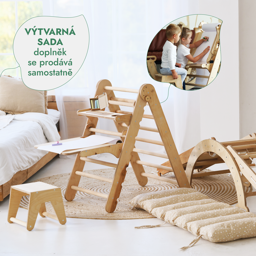 Lezecká sestava Montessori 5v1: Piklerové Trojúhelník + Lezecký oblouk / Houpačka + Skluzavka/Rampa + šplhací síť + Polštář
