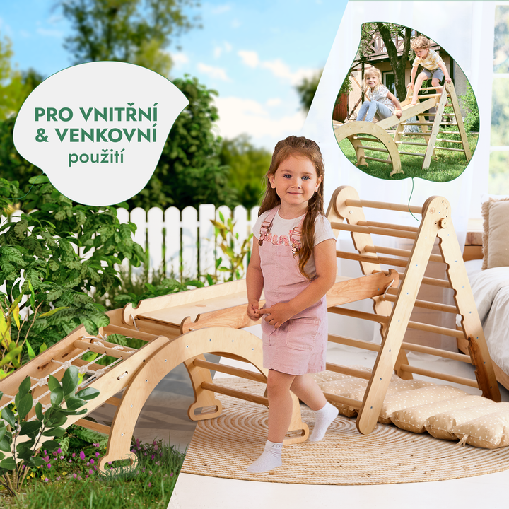 Lezecká sestava Montessori 5v1: Piklerové Trojúhelník + Lezecký oblouk / Houpačka + Skluzavka/Rampa + šplhací síť + Polštář