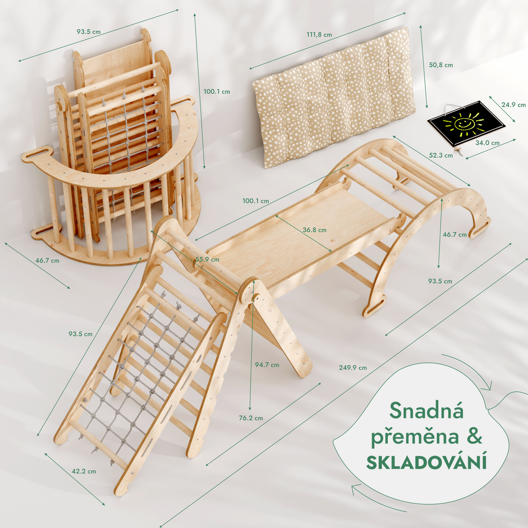 Lezecká sestava Montessori 5v1: Piklerové Trojúhelník + Lezecký oblouk / Houpačka + Skluzavka/Rampa + šplhací síť + Polštář