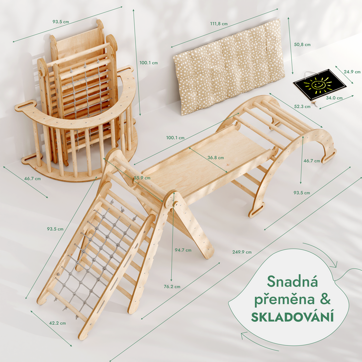 Lezecká sestava Montessori 5v1: Piklerové Trojúhelník + Lezecký oblouk / Houpačka + Skluzavka/Rampa + šplhací síť + Polštář