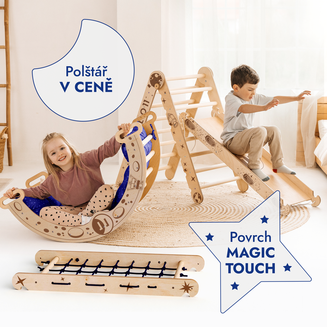 Apollo 5v1 lezecká sada: Piklerův trojúhelník, síť, oblouk, skluzavka a polštář pro malé astronauty