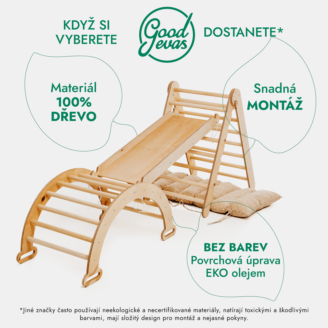 Lezecká sestava Montessori 4v1: Piklerové Trojúhelník + lezecký oblouk + Skluzavka a polštář