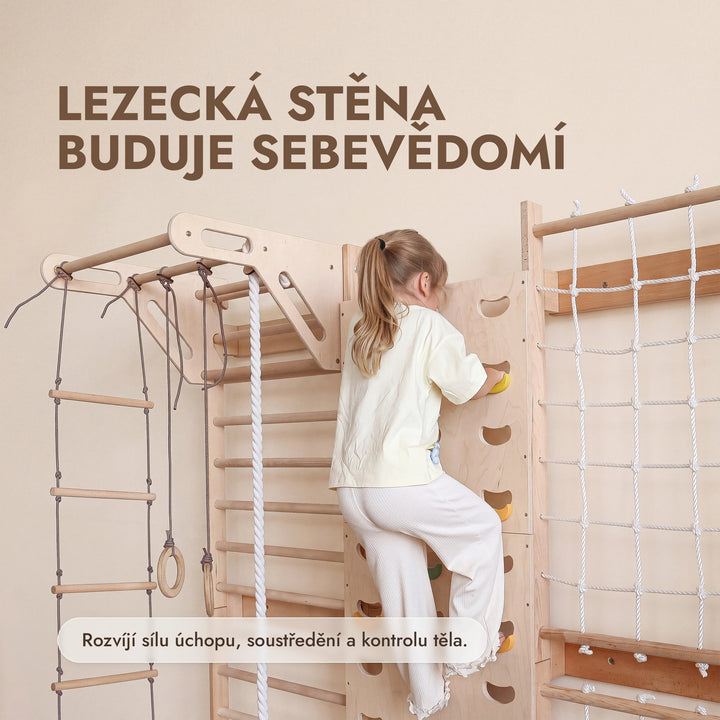 Lezecká stěna pro děti 7v1: žebřiny, síť, hrazda a houpačky 3v1
