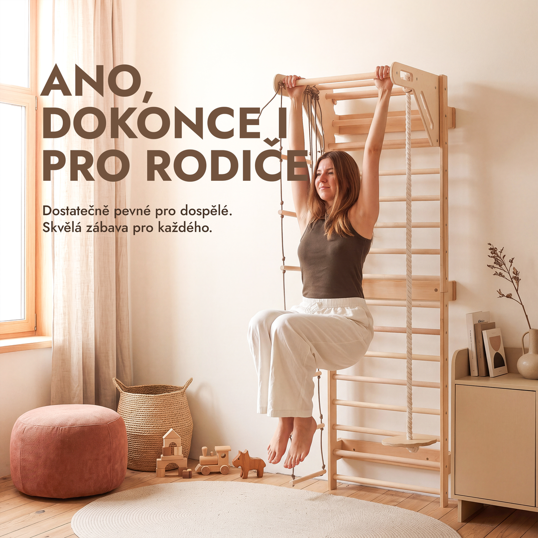 Švédská stěna pro děti 5v1 s hrazdou a závěsnými doplňky 3v1