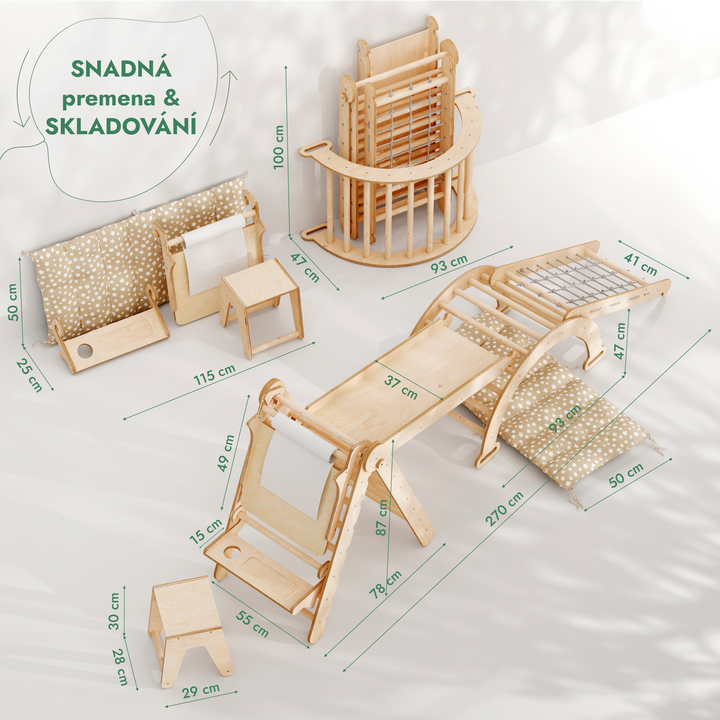 Lezecká sestava Montessori 6v1: Trojúhelník Piklerové + Oblouk/Houpačka + Skluzavka/rampa + šplhací síť + Polštář + Malířský stojan