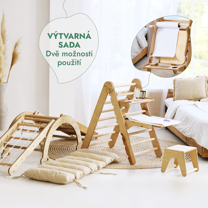 Lezecká sestava Montessori 6v1: Trojúhelník Piklerové + Oblouk/Houpačka + Skluzavka/rampa + šplhací síť + Polštář + Malířský stojan