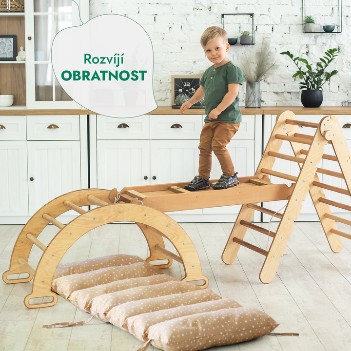 Lezecká sestava Montessori 4v1: Piklerové Trojúhelník + lezecký oblouk + Skluzavka a polštář