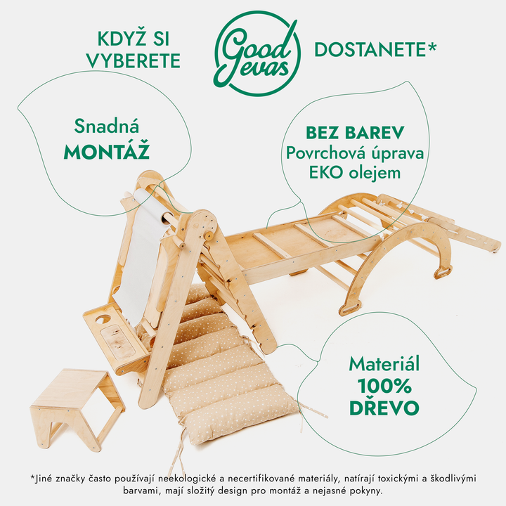 Lezecká sestava Montessori 6v1: Trojúhelník Piklerové + Oblouk/Houpačka + Skluzavka/rampa + šplhací síť + Polštář + Malířský stojan