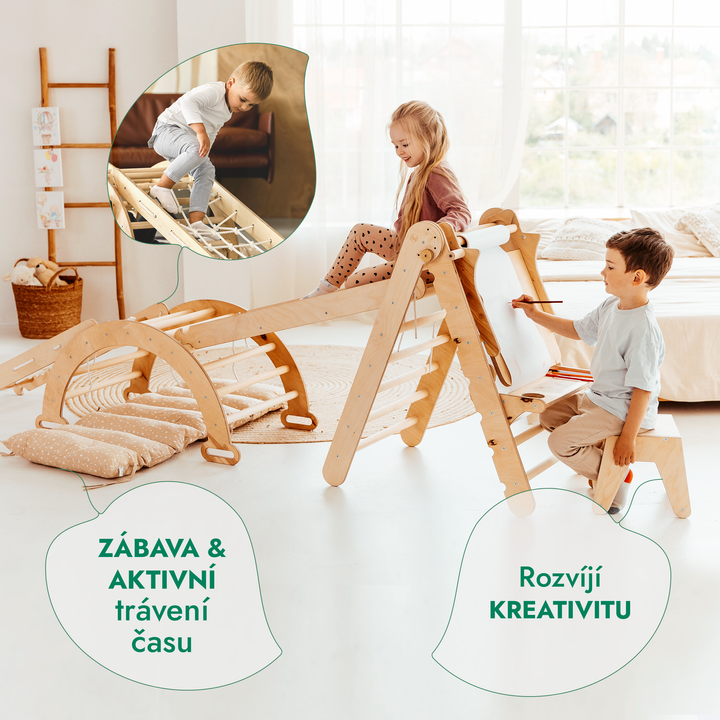 Lezecká sestava Montessori 6v1: Trojúhelník Piklerové + Oblouk/Houpačka + Skluzavka/rampa + šplhací síť + Polštář + Malířský stojan