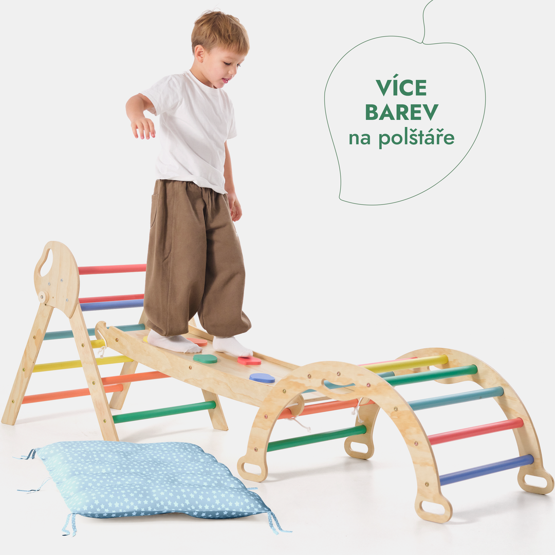4v1 montessori lezecká sada: Piklerův trojúhelník, oblouk, skluzavka a polštář pro batolata (1–3 roky) - duha