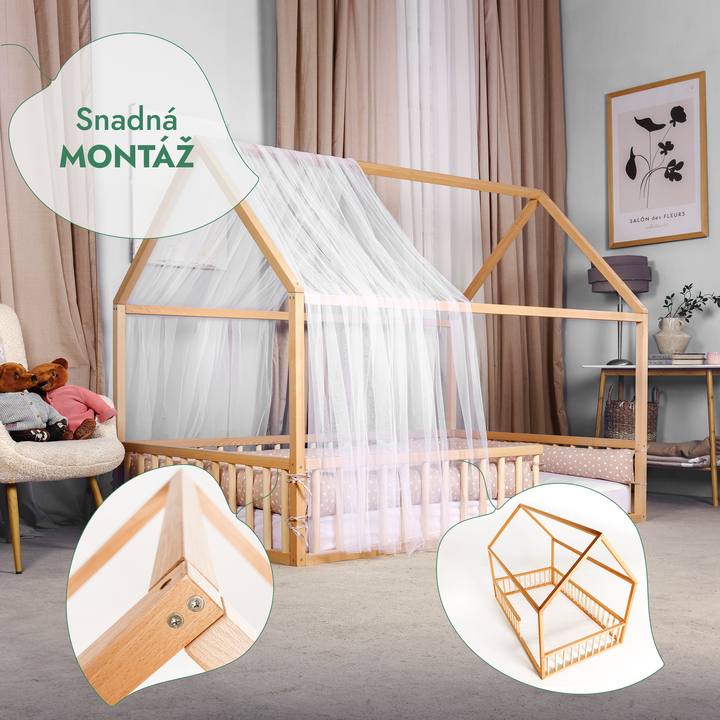 Montessori domečková postel pro děti s ohrádkou