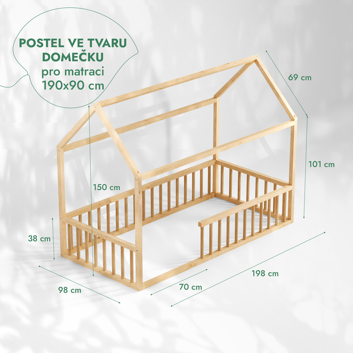 Montessori domečková postel pro děti s ohrádkou