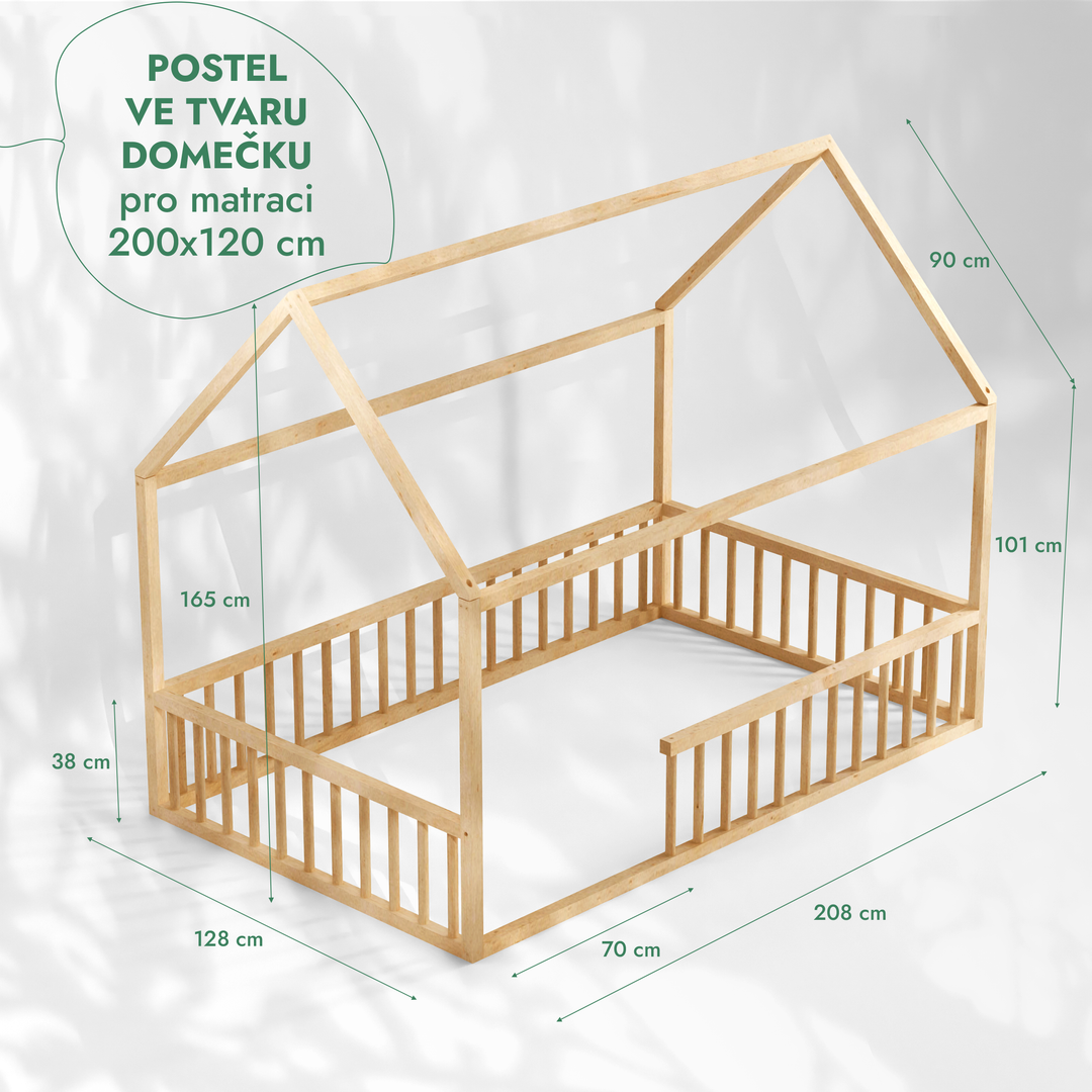 Montessori domečková postel pro děti s ohrádkou