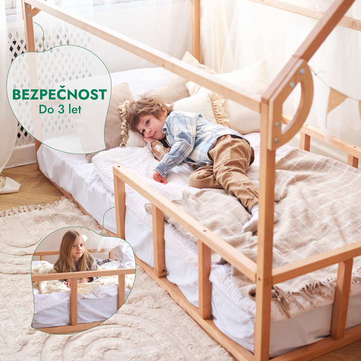 Montessori domečková postel pro děti s ohrádkou