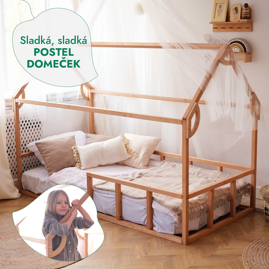 Montessori domečková postel pro děti s ohrádkou